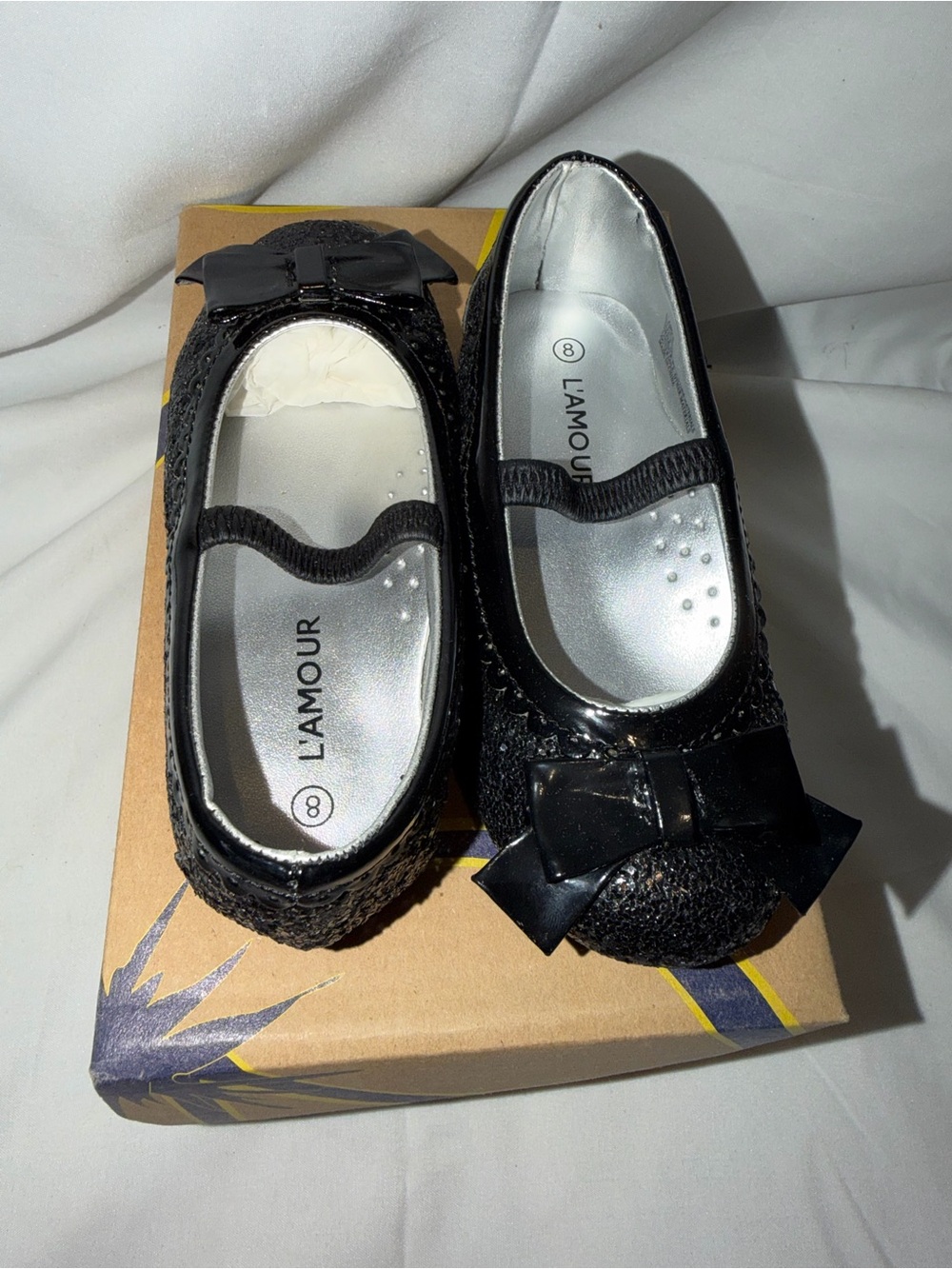 LAmour Black Sparkle Bow Mary Jane Girls Size 8